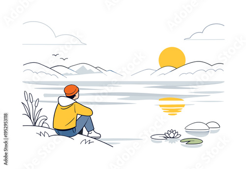 Mist over water. Person by a lake watching fog drift above the surface, smooth horizontal layers creating depth. Peaceful reflection and slow time captured