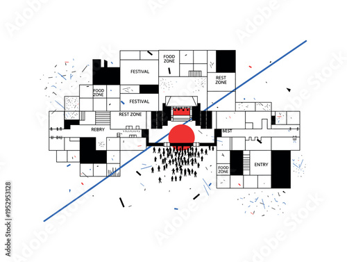 Black and white overhead layout of festival grounds simplified into geometric blocks, tiny crowd silhouettes clustered near central stage, bold red circle