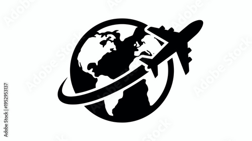 black silhouette of airplane flying around the earth globe, concept for global tourism marketing, international business logistics and worldwide travel agency branding
