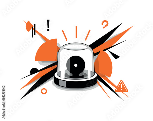 Close-up black and white emergency siren light, layered with orange semicircles radiating outward and sharp diagonal lines suggesting motion, abstract minimal