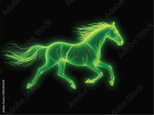 Luminous green neon horse running silhouette on dark background, symbolizing speed and power, black background