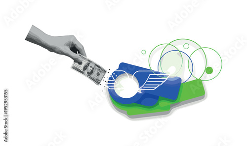 Black and white hand releasing paper money that morphs into minimalist geometric wings, circular halos behind suggesting opportunity, cobalt blue and bright