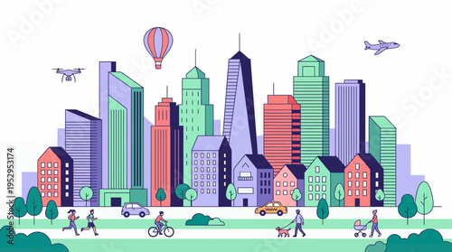 Modern city skyline illustration with colorful buildings and people living daily urban life, concept for sustainable urban planning, smart city development and modern real estate marketing
