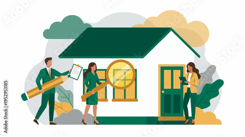 real estate agent, inspector and architect examining a house model, concept for property investment, home inspection services and architectural planning