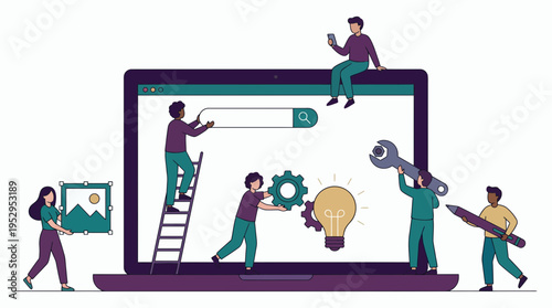 flat illustration of software developers and web designers working on laptop screen, concept for website development, search engine optimization and digital project management