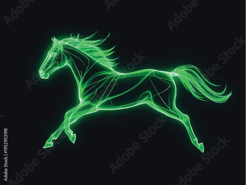 Green neon glowing outline of a galloping horse against a dark background, dynamic motion effect, abstract energy and speed illustration, digital art