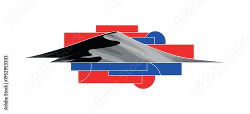 A monochrome sand mound viewed from the side, intersected by flat rectangular color blocks and circular forms symbolizing structure versus nature, retro paper