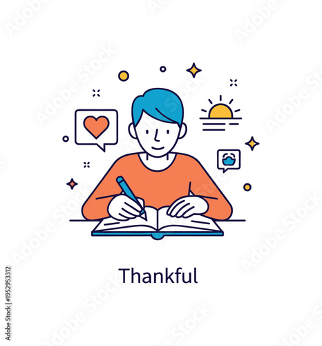 Gratitude practices and positive psychology centered on a person writing in a journal with a small heart icon and rising sun accent symbolizing mindful