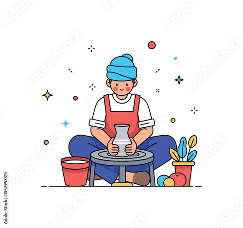 Traditional craft artist portrait shown by a figure shaping clay on a small pottery wheel, expressing handmade cultural artistry and generational knowledge.