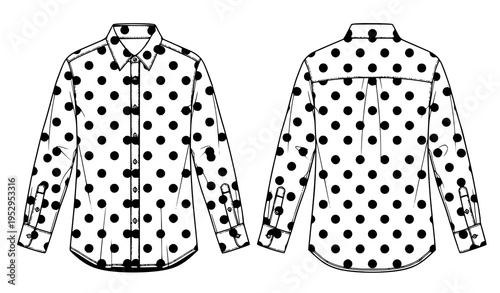 Long Sleeve Polka Dot Shirt Flat Technical Vector Illustration for Fashion CAD and Templates
