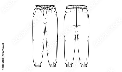 Jogger Pants Technical Flat Fashion Illustration Front and Back CAD Template