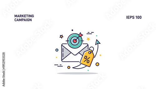 Email marketing campaign concept centered on an envelope icon paired with a discount tag and subtle upward arrow, symbolizing targeted outreach and sales
