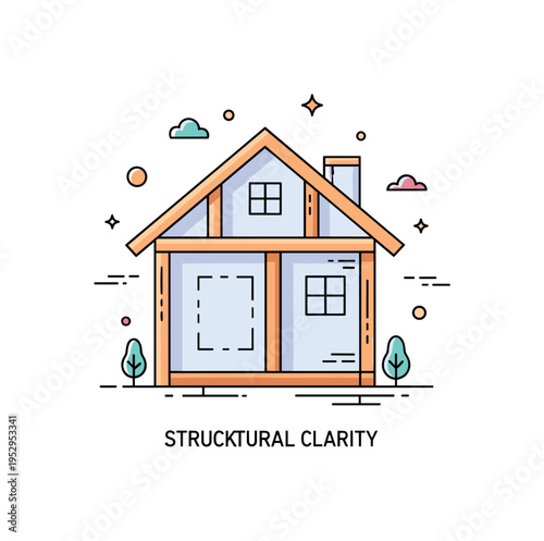 Structural clarity theme illustrated by a house outline with visible internal beams and layout lines, expressing honesty in construction and thoughtful