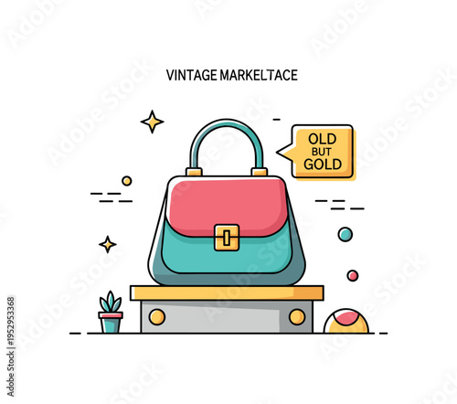 Vintage marketplace vibe represented by a classic handbag placed on a small display pedestal, with a subtle Old but Gold label enhancing the nostalgic appeal.
