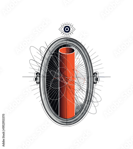 Vintage black and white oval mirror with no reflection, instead a bold orange abstract cylinder emerging from inside, thin grid lines referencing sacred
