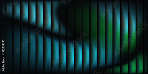 A striped glass gradient surface, in neon green and turquoise shades, a futuristic panel with vertical prism distortion. A dark abstract plane filled with fractal textures, vector illustration.