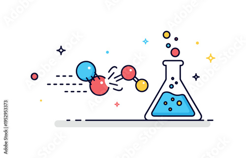 Reactant particles colliding inside a simplified laboratory scene with two molecular shapes moving toward each other. A minimal flask outline and dotted motion
