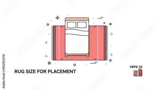 Rug size guide for bed placement illustrated by a top view bed outline with a large rectangular rug extending beyond the sides and foot, symbolizing correct