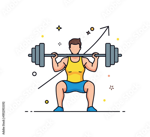 Gym barbell squat exercise illustrated by an athlete holding a barbell across the shoulders with a subtle upward arrow symbolizing growth and strength gains.