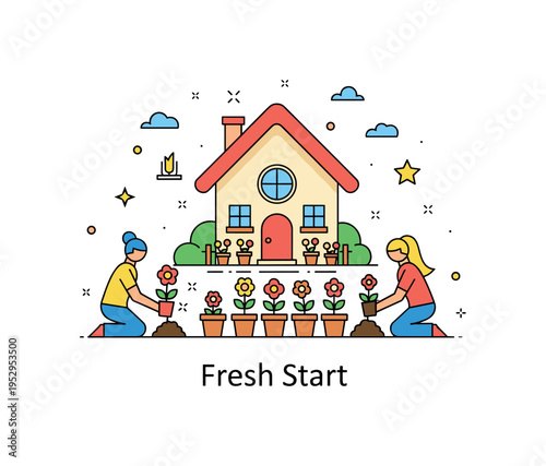 Weekend gardening retreat scene highlighting a cozy cottage with flower pots arranged in front while two simplified figures kneel to plant colorful blossoms. A