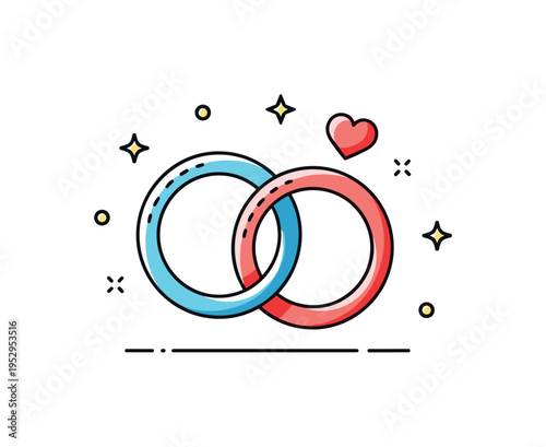 Relationship tangle depicted through two intertwined rings forming a complex loop, balanced by a tiny heart icon to express emotional depth and complication.