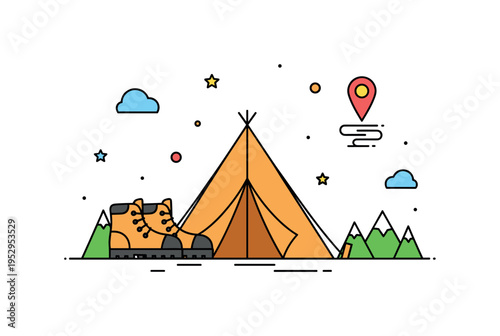 Adventure style glamping concept centered on a tent paired with hiking boots and a small trail marker icon, expressing active outdoor experiences with added