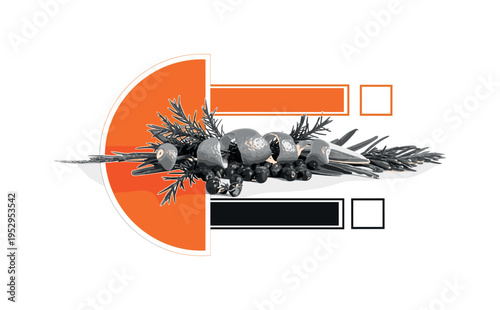 Monochrome close-up of botanicals like juniper berries and citrus peels arranged on a table, intersected by a large orange semicircle and abstract rectangular