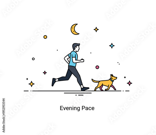 Evening jog with dog featuring long stride silhouettes and a subtle moon icon above. Clean ground line, small sparkle accents and a short ?Evening Pace?