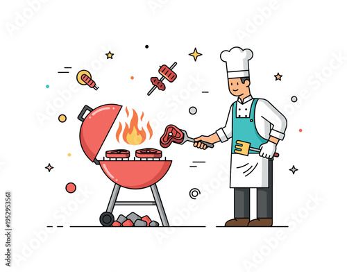 Barbecue and grilling techniques with a chef turning juicy steaks on a charcoal grill, flames rising gently, highlighting outdoor cooking, flavor, and skill.