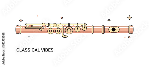 Flute body segment detail centered on precision keywork and smooth polished surface. A gentle ?Classical Vibes? text detail and minimal sparkle accents create