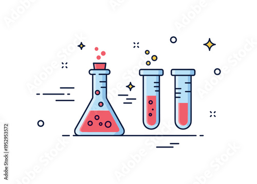 Laboratory experiment setup focusing on reactants ready to combine in a simple flask and test tube pair. Subtle motion lines and tiny sparkle accents represent