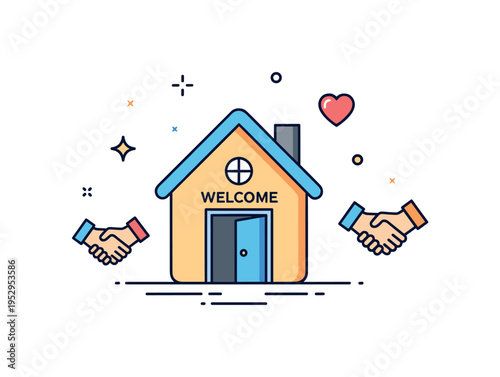 Community outreach support centered on a small shelter house icon with a welcoming open door, accompanied by tiny heart and handshake symbols to represent