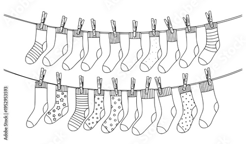 Hand-Drawn Outline Socks on Clothesline Vector Illustration for Laundry and Home Designs