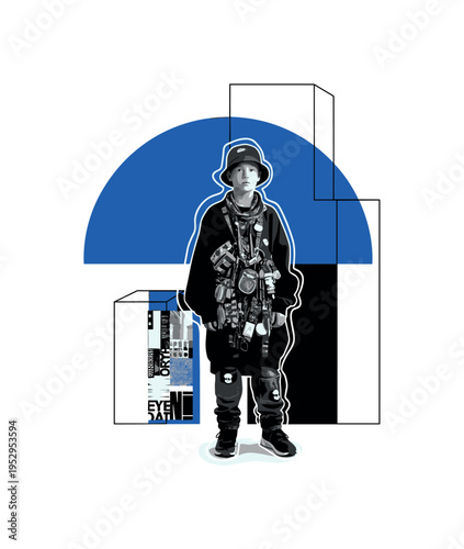 Monochrome full-body shot of a boy in oversized festival outfit with bucket hat and layered accessories, intersected by a bold blue semicircle and abstract