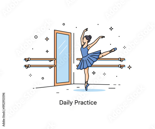 Ballet studio morning session featuring a dancer practicing near the mirror with simple barre shapes and light reflections. Gentle star accents and a short