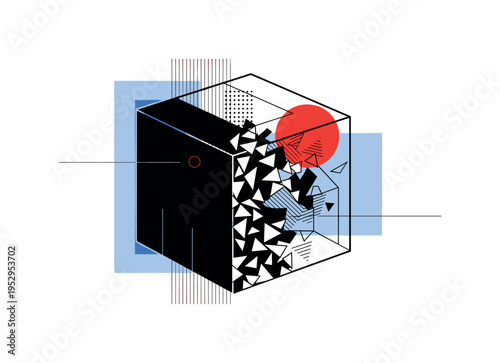 Black and white fragmented subscription box transforming into abstract geometric shapes on one side, vivid red circle marking focal transition point, thin