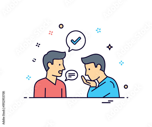 Active listening one figure speaking while the other leans slightly forward with subtle check mark icon above. A concise visual metaphor for empathy,