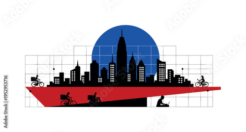 Black and white simplified city skyline with delivery and freelancer silhouettes, intense cobalt blue circle behind tallest building, deep red angular block