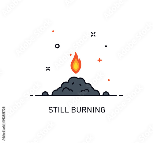 Cinder glowing ember concept illustrated through a small pile of dark ash with a single bright orange spark rising upward. A subtle ?Still Burning? caption