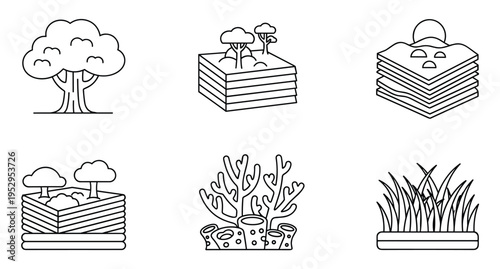 Ecology icons soil layers coral reef grass tree black line vector illustrationEcology icons soil layers coral reef grass tree black line vector illustration
