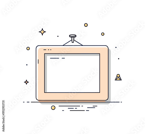 Empty picture frame concept centered on a simple rectangular frame with a subtle inner shadow and small wall nail detail above, symbolizing possibility and