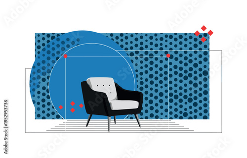 Black and white armchair placed against bold repeating dot wallpaper pattern, large flat blue circle framing seating area, thin horizontal lines suggesting