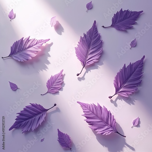 Purple leaves with water droplets float on a soft, light background creating a serene and calming effect. Gentle shadows add depth and texture to this elegant, natural composition suitable for design.
