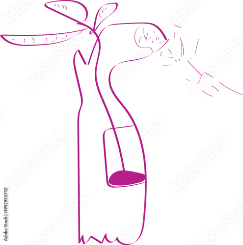 abstract magenta line art of pitcher plant with insect approaching, stylized carnivorous flora illustration, exotic botanical drawing, minimal nature artwork, unique decorative design for science and 