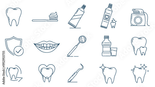 Dental icons oral hygiene tooth care blue line vector illustrationDental icons oral hygiene tooth care blue line vector illustration