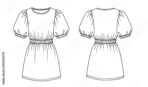 Flat Vector Puff Sleeve Mini Dress Technical Illustration for Women’s Fashion CAD Templates