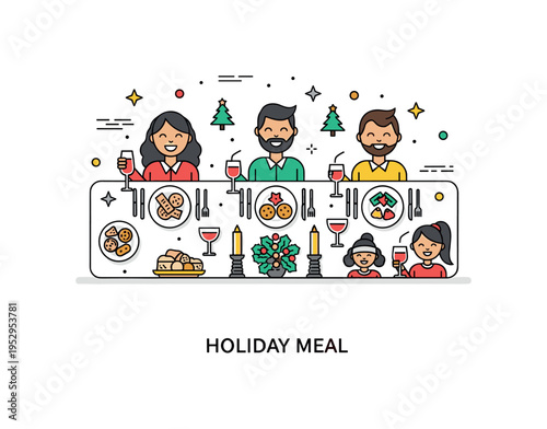Holiday family dinner illustrated through a table with festive dishes, a central centerpiece, and smiling figures around. A short ?Holiday Meal? text accent