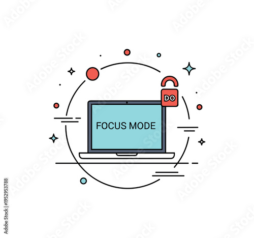 Focus mode productivity represented by a minimal laptop enclosed in a soft boundary circle with a small do not disturb icon, symbolizing distraction free deep