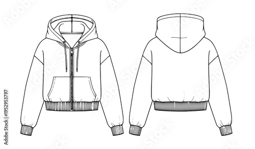 Hooded Sweatshirt Zipped Jacket Technical Flat Fashion Illustration Front and Back CAD Template
