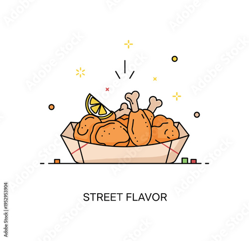 Crispy fried chicken street food concept shown as a paper tray holding crunchy wings with a small lemon wedge accent, expressing vibrant market atmosphere and